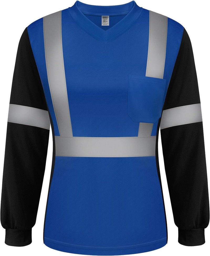 TCCFCCT Hi Vis Shirts for Women Class 3 Safety Shirt for Women Construction Work with Long Sleeves, Hi Vis Shirts for Women Driver and Night Running, Night Working,WP-Blue-LX XXL - Image 1